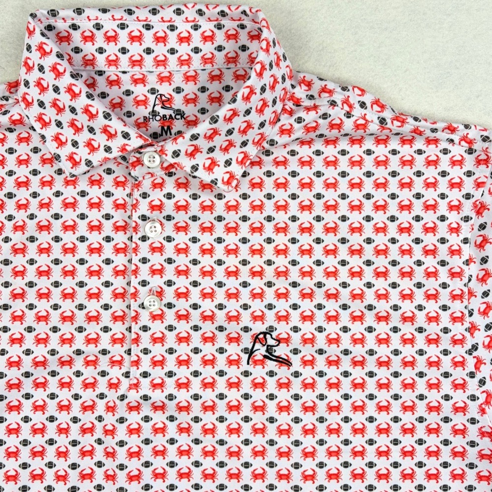 Rhoback Mens Maryland Crab Football Performance Polo Shirt White Red Size M